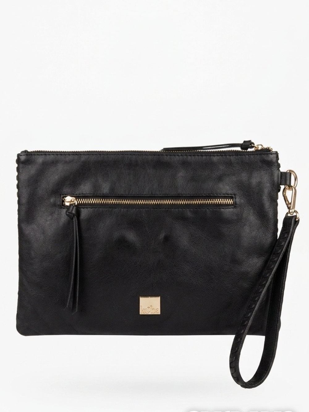 Kooba Black Leather Wristlet Clutch Gold Hardware Zip Pouch